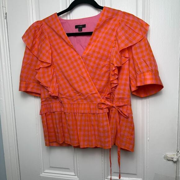 J. Crew Tops - J Crew Blouse Womens Large Orange Pink Gingham Top Cotton Ruffle Wrap Picnic